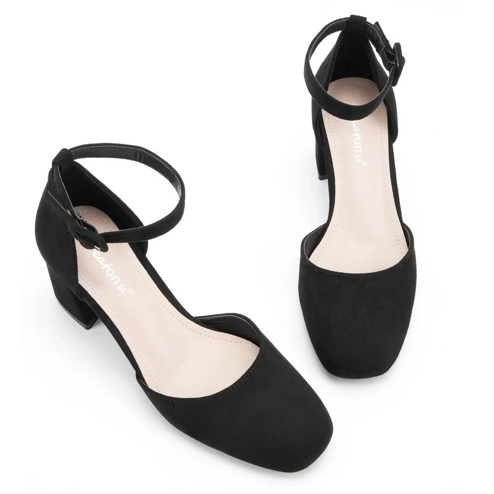 Greatonu Black Suede‎ Block Heel Pumps Shoes Ankle Strap Size 10 Brand New